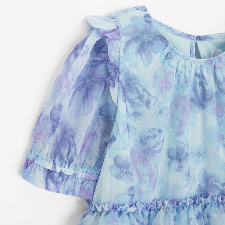 Blue purple flowers short sleeve dress