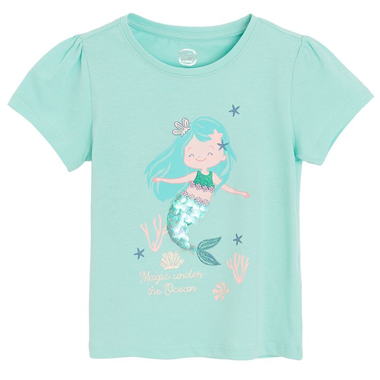 Turquose and peach T-shirts with mermaids print and peach T-shirt- 3 pack