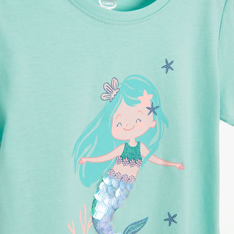 Turquose and peach T-shirts with mermaids print and peach T-shirt- 3 pack