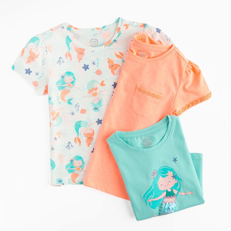 Turquose and peach T-shirts with mermaids print and peach T-shirt- 3 pack