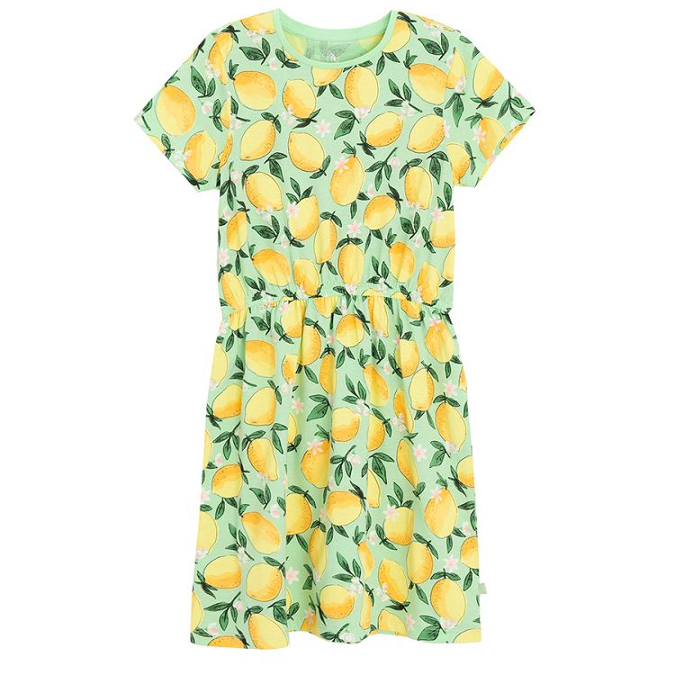 Green shorts leeve dress with lemons print