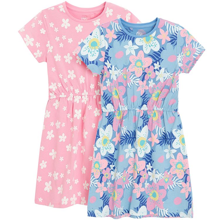 Pink and blue short sleeve dresses with flowers print- 2 pack