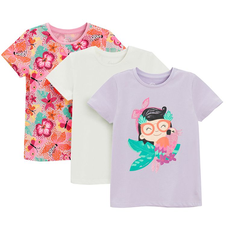 White with parrot, purple with girl and parrot and floral T-shirts - 3 pack