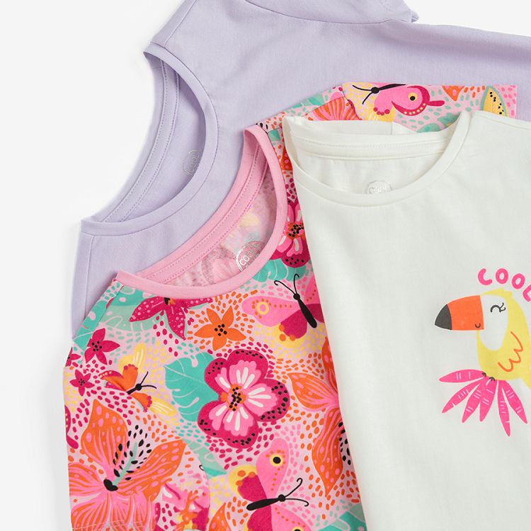 White with parrot, purple with girl and parrot and floral T-shirts - 3 pack