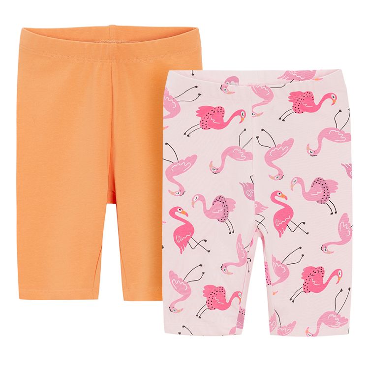 Pink leggings with flamingo print and orange leggings- 2 pack