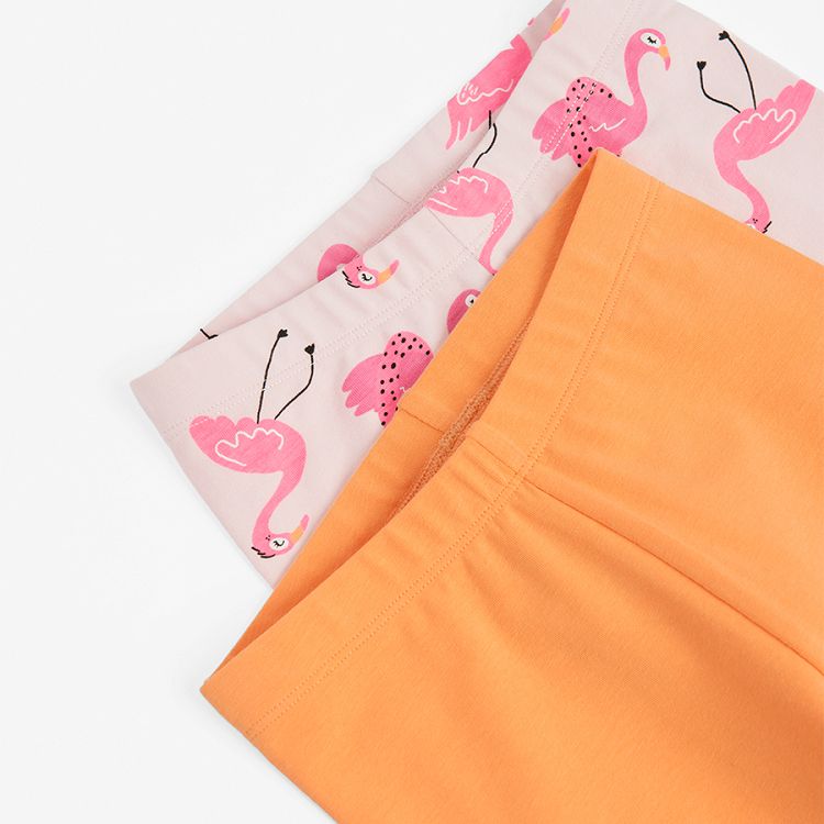 Pink leggings with flamingo print and orange leggings- 2 pack