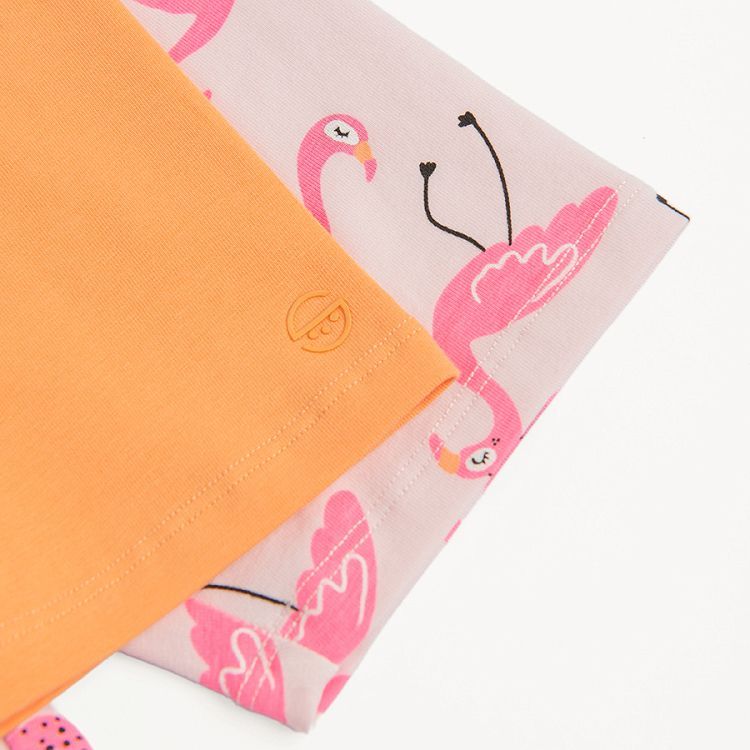 Pink leggings with flamingo print and orange leggings- 2 pack