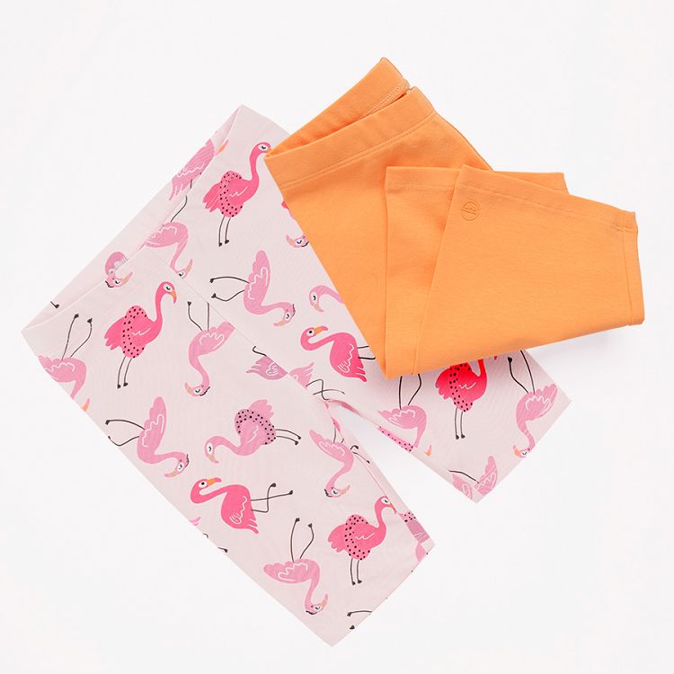 Pink leggings with flamingo print and orange leggings- 2 pack