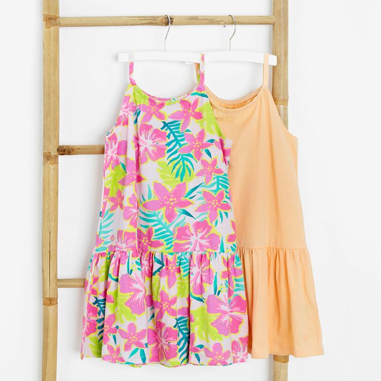 Floral and light orange sleeveless dress- 2 pack