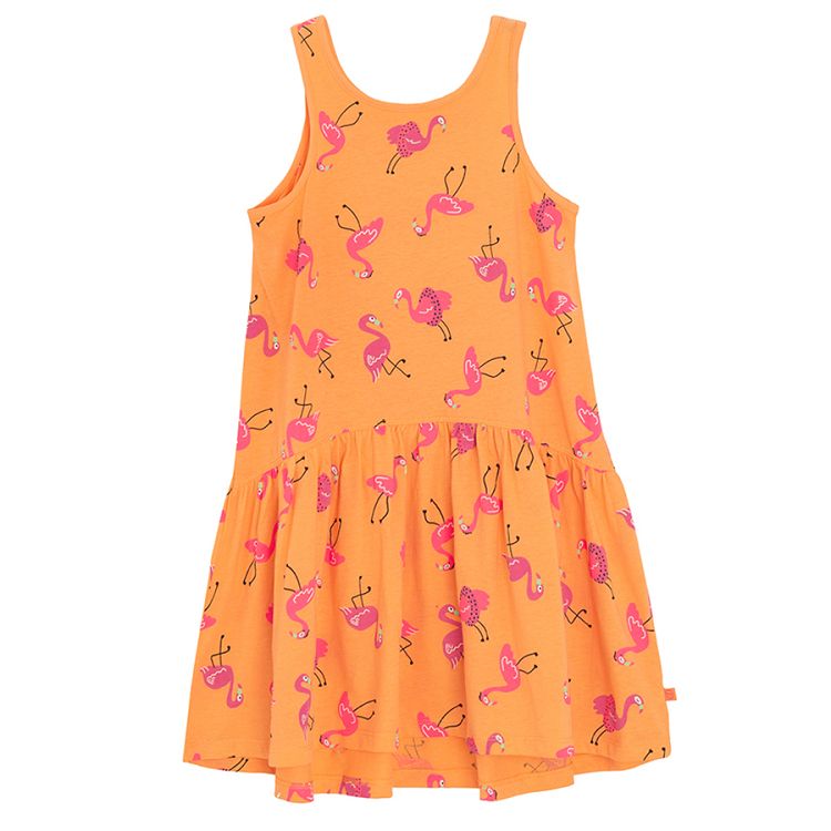 Sleeveless orange dress with flamingo print