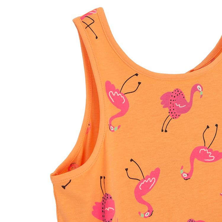 Sleeveless orange dress with flamingo print