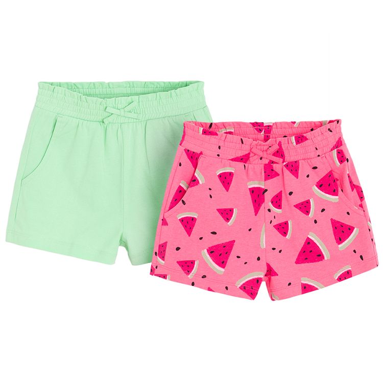 Lime and pink with watermelons print shorts with wide elastic waist band- 2 pack