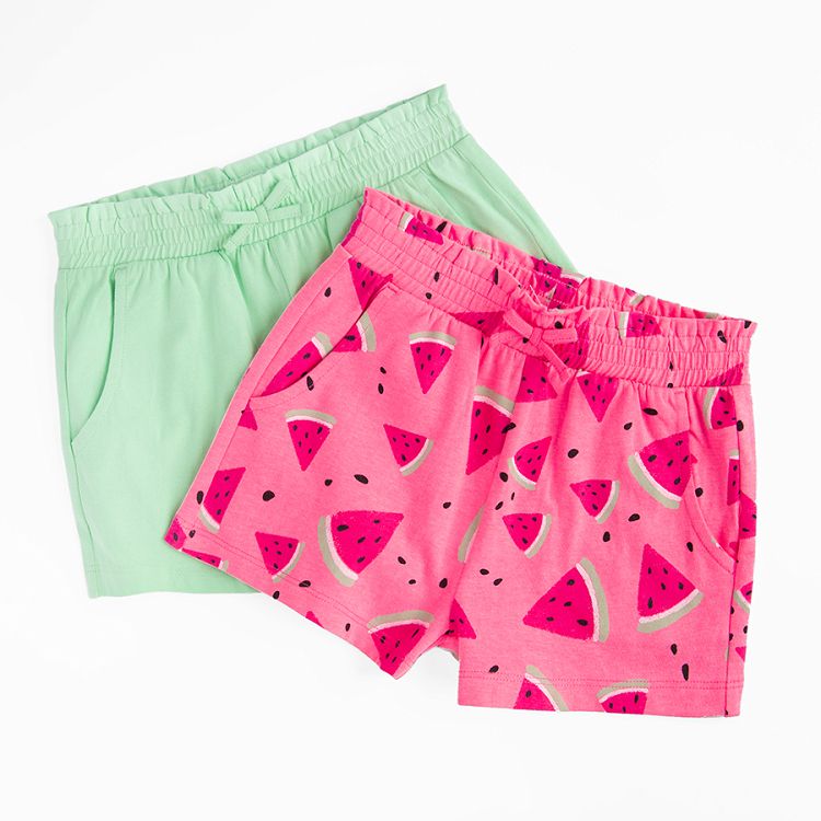 Lime and pink with watermelons print shorts with wide elastic waist band- 2 pack