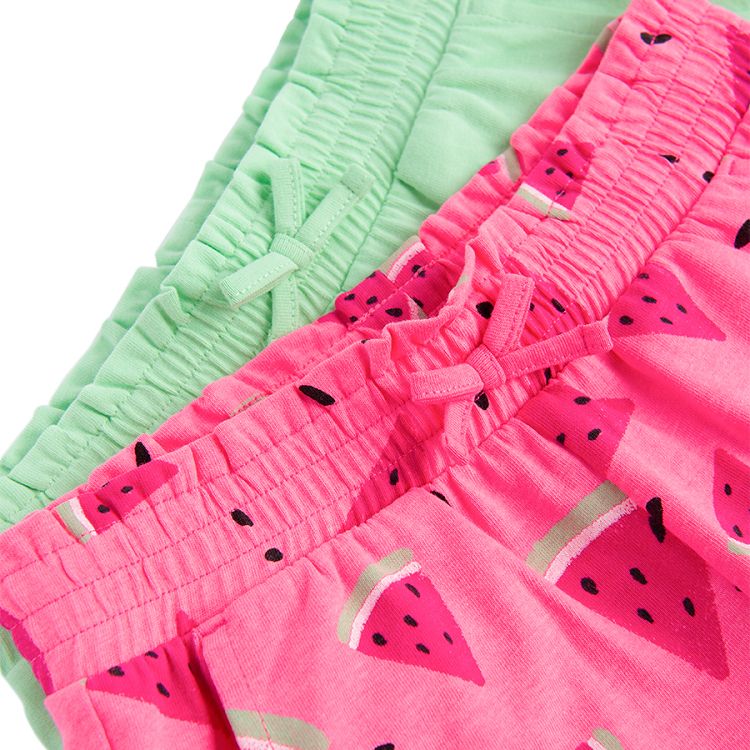 Lime and pink with watermelons print shorts with wide elastic waist band- 2 pack