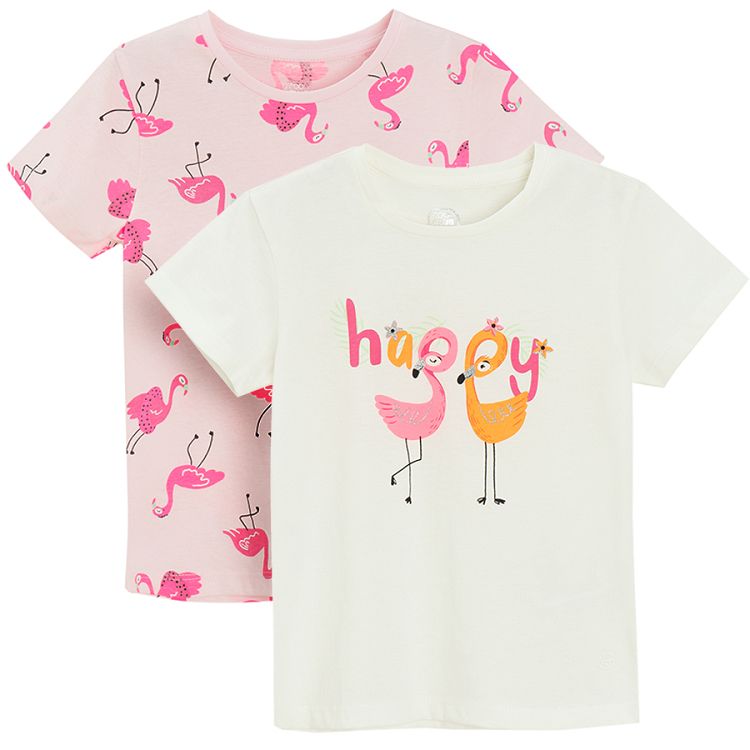 White and pink T-shirts with flamingo print- 2 pack