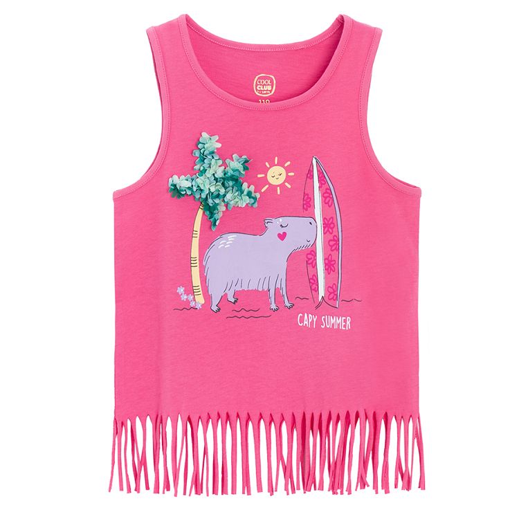 Pink sleeveless T-shirt with Vacay Mood print and fringes