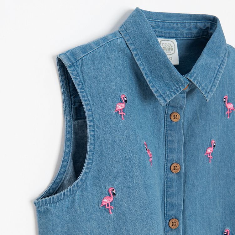 Denim sleeveless shirt with flaming print and knot