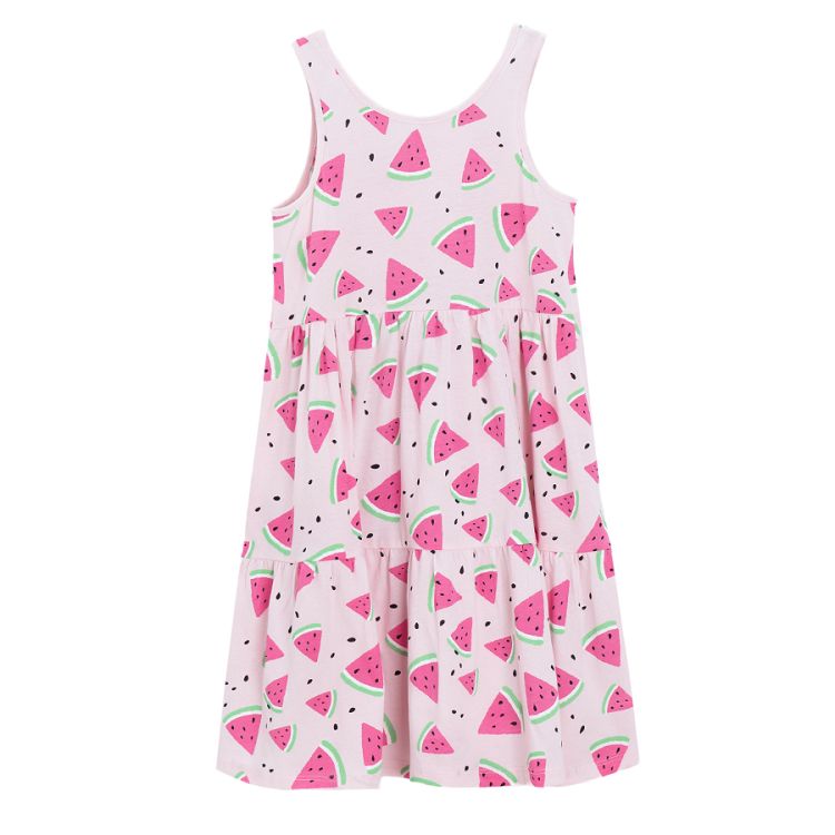 Pink sleeveless dress with watermelons print