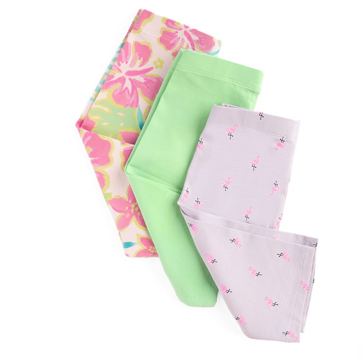 Puple with flamingos, lime, floral leggings- 3 pack