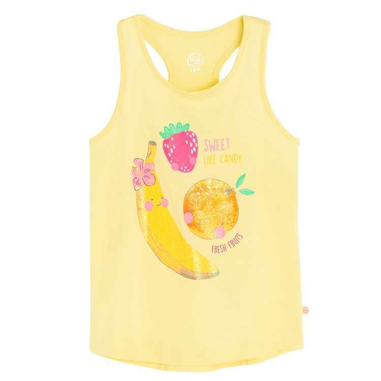 Yellow sleeveless T-shirt with summer fruit print