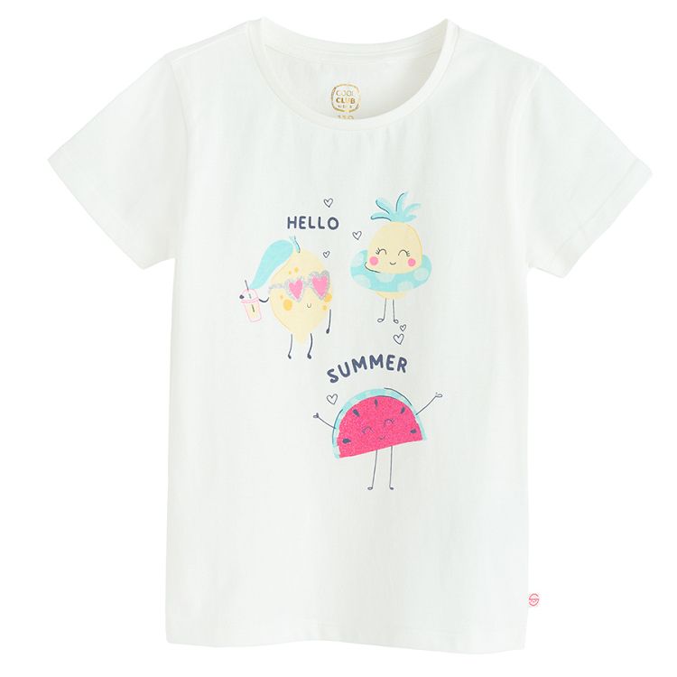 White T-shirt with fuit in sunglasses Hello Summer print