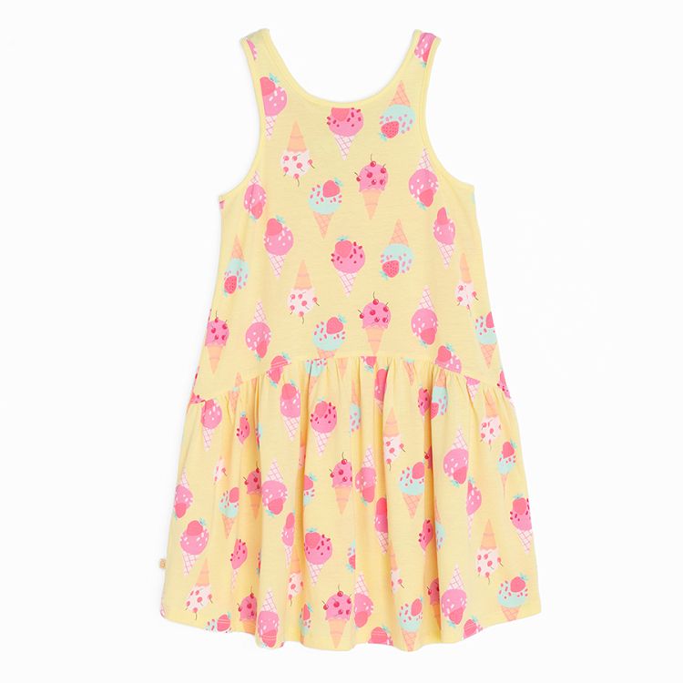 Yellow sleeveless dress with pink ice-creams print