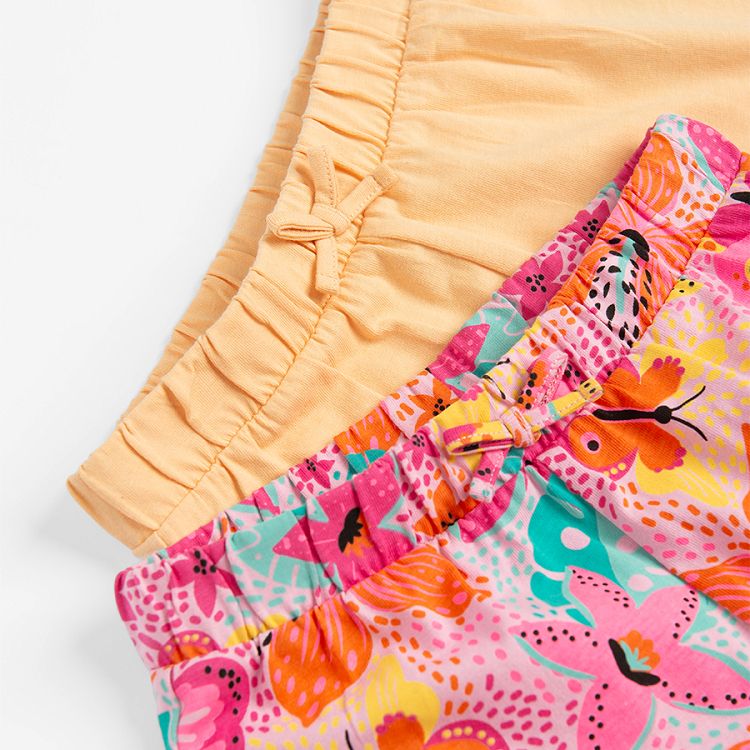 Orange and pink flowers and butterflies print shorts with ruffles- 2 pack