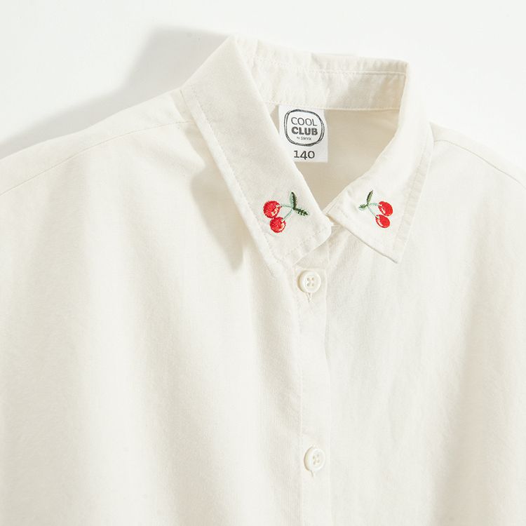 Ecru bottom down T-shirt with cherries on colar, knot in the front