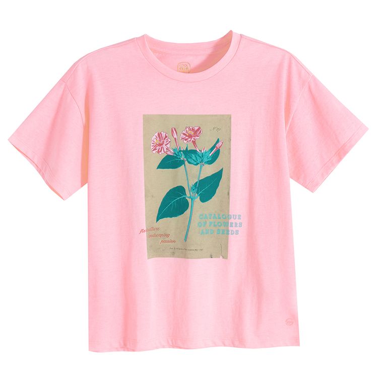 Pink drop shoulder T-shirt with flowers print