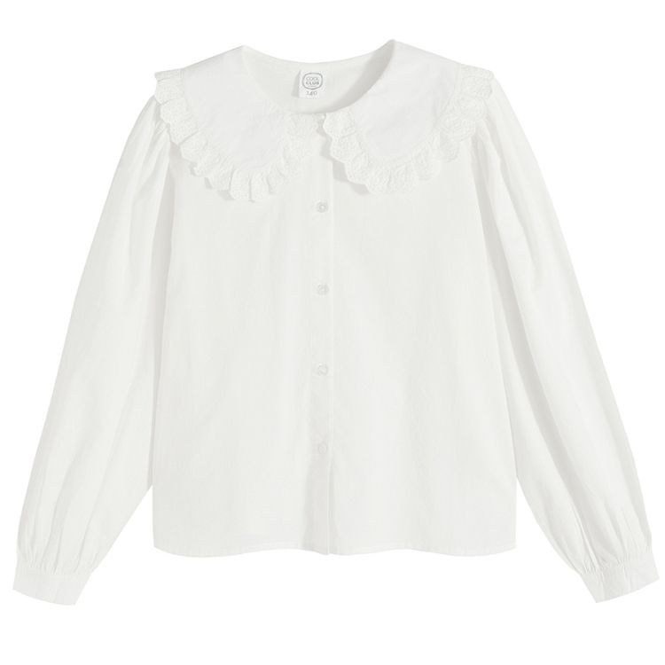 White long sleeve button down shirt with round collar