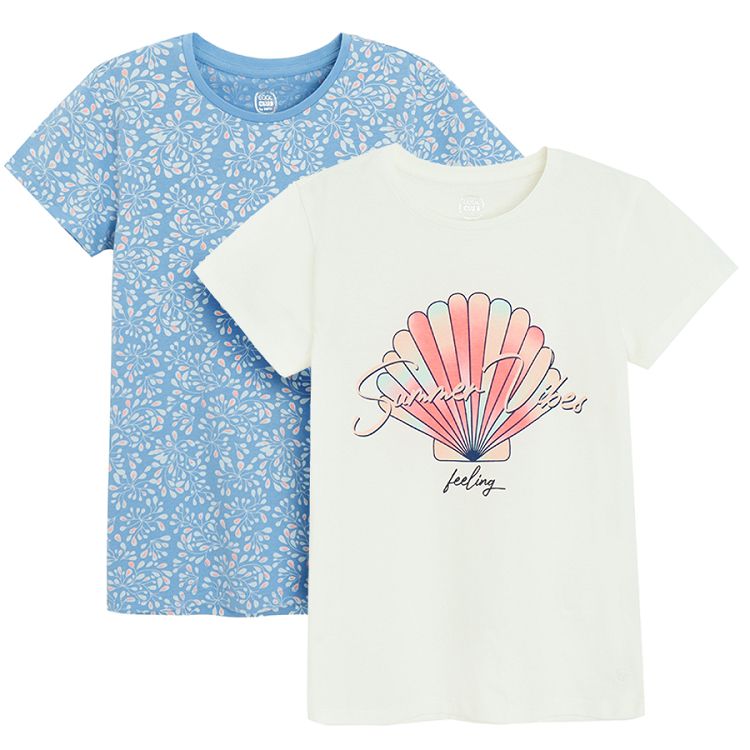 White with a shell print and blue floral T-shirts- 2 pack