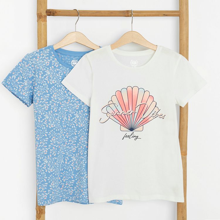 White with a shell print and blue floral T-shirts- 2 pack