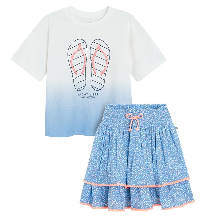 White and blue T-shirt with flip flops and blue skirt with ruffles- 2 pieces