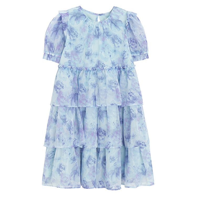 White and blue flowers short sleeve dress