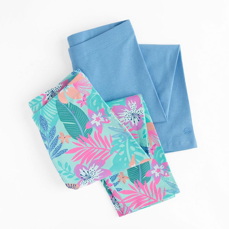 Green with leaves print and blue leggings- 2 pack