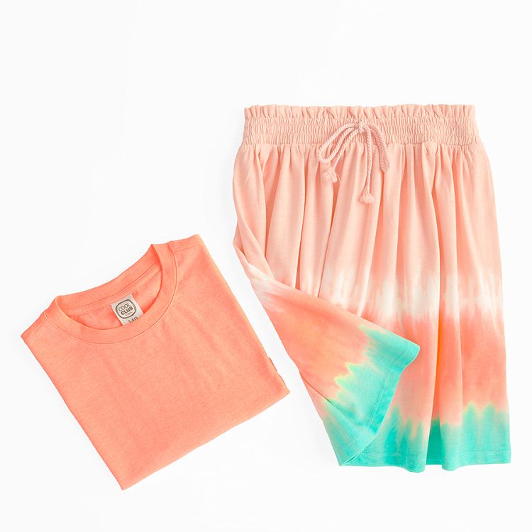 Peach T-shirt and tie dye skirt- 2 pieces