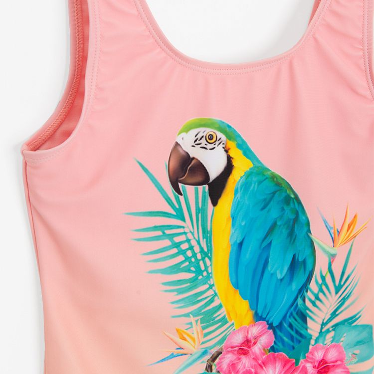 Pink swimsuit with parrot print