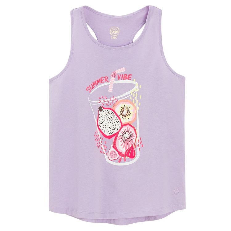 Purple sleeveless T-shirt with exotic fruit print