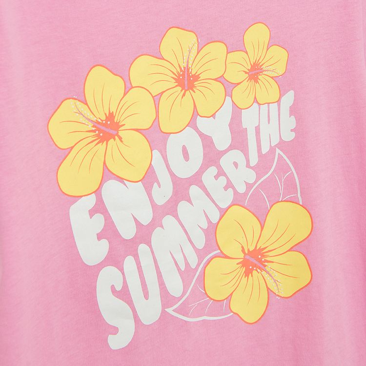 Dark pink T-shirt with Enjoy the summer and flowers  print