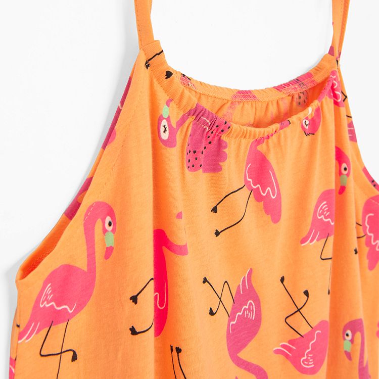 Orange sleeveless dress with flamingos print