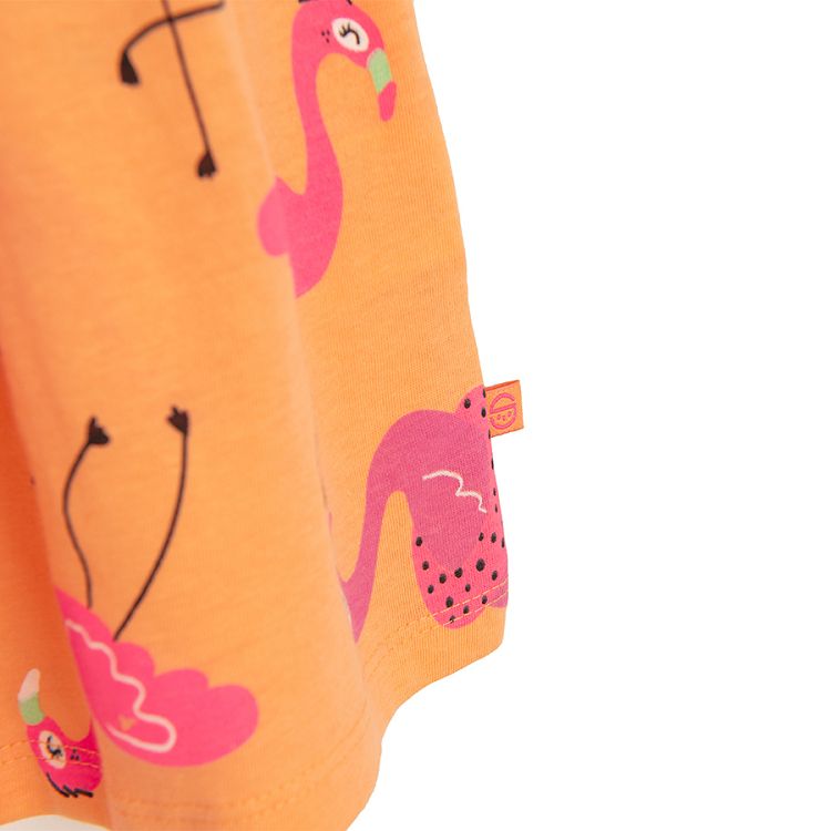 Orange sleeveless dress with flamingos print