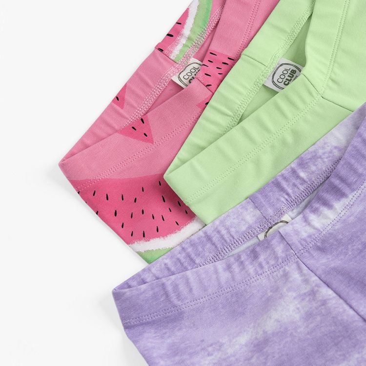 Lime, purple and pink with watermelons print leggings- 3 pack