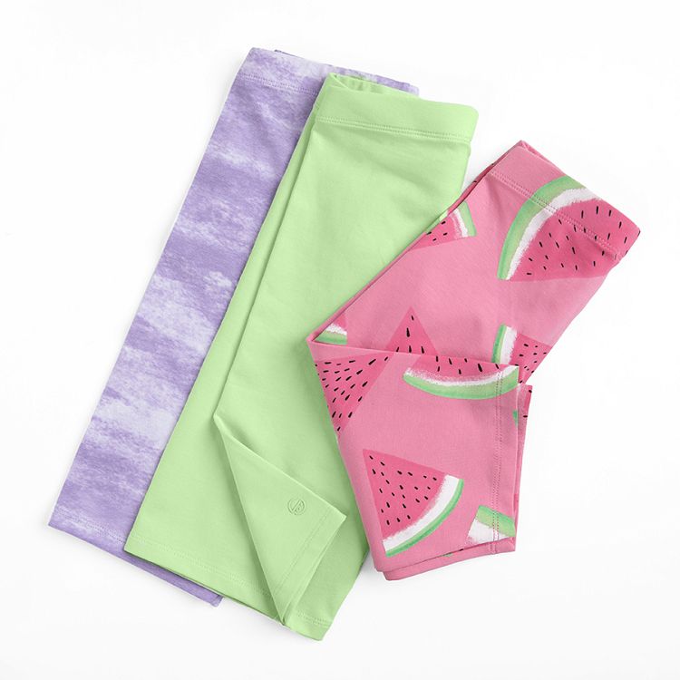 Lime, purple and pink with watermelons print leggings- 3 pack