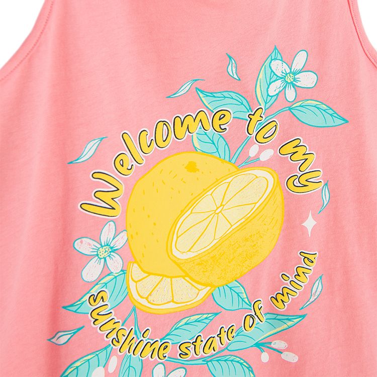 Pink sleeveless T-shirt with lemons and Welcome to my Sunshine State of Mind print