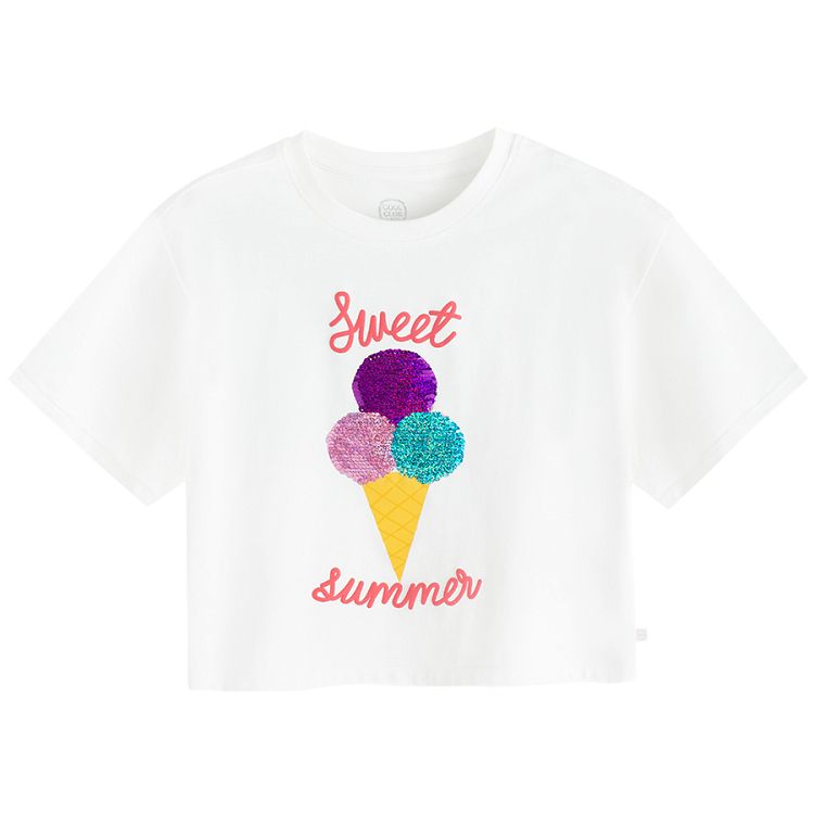 White crop top T-shirt with ice cream and Sweet Summer print