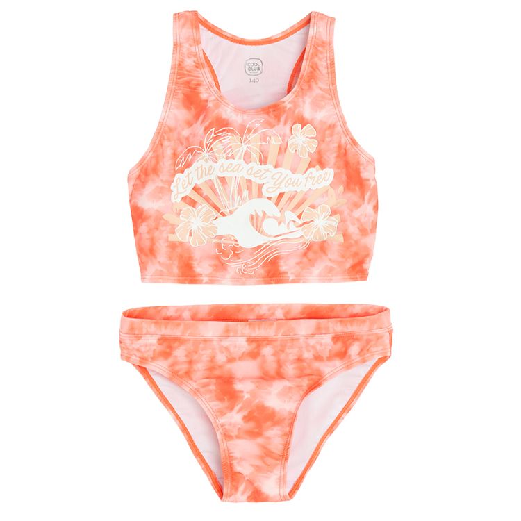 Orange bikini swim suit with Let the sea set you free print