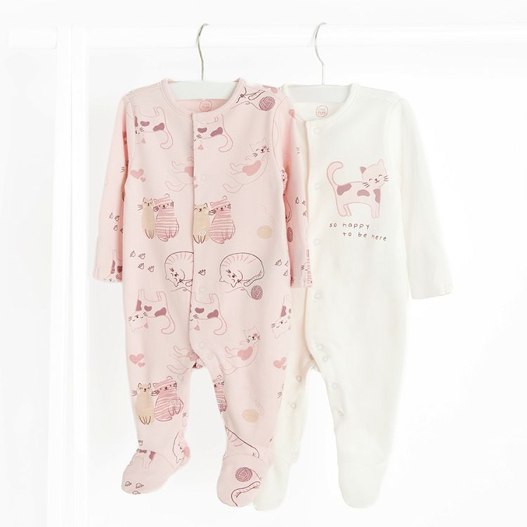 White and pink footed overalls with kitten print- 2 pack