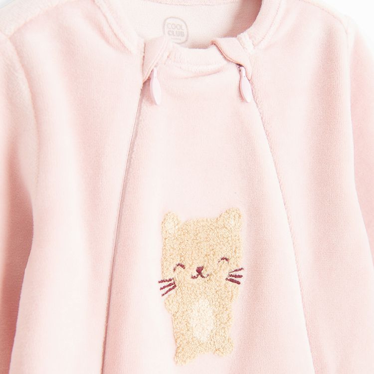 Pink footed overall with side zippers and kitten print