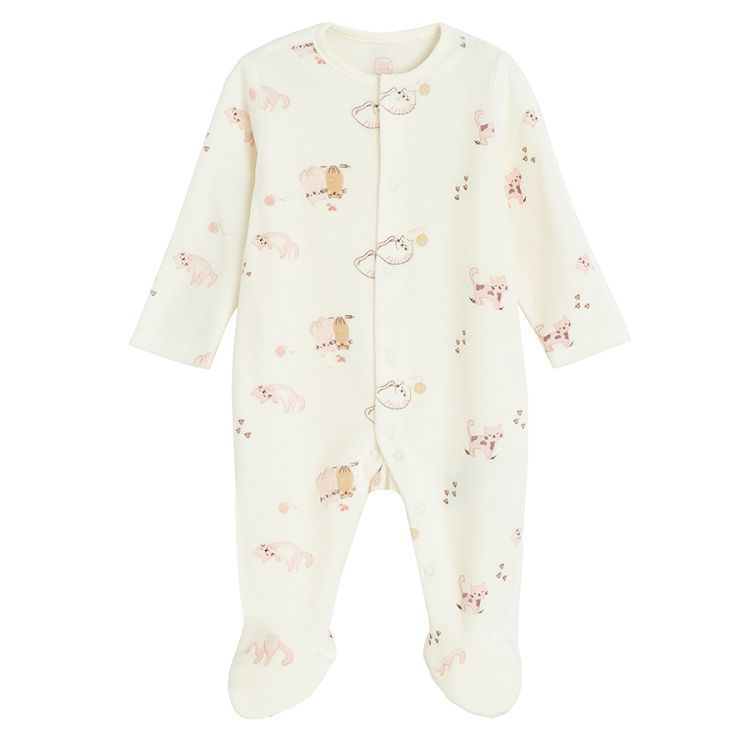 Ecru footed overall with kittens print