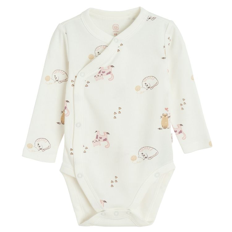 White and pink long sleeve bodysuits with kitten print- 2 pack